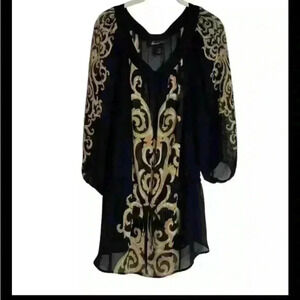 Lane Bryant Womens Sheer Blouse Size 18/20 Black Gold Peplum Hem Waist Tie